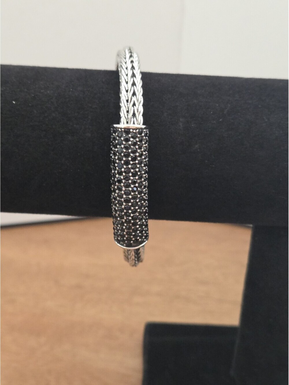 Silver Tone Black Rhinestone Woven Bracelet Men's Unisex Multi-Strand...